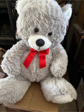 Plush Grey Teddy Bear with Red Bow - Soft Kids Toy